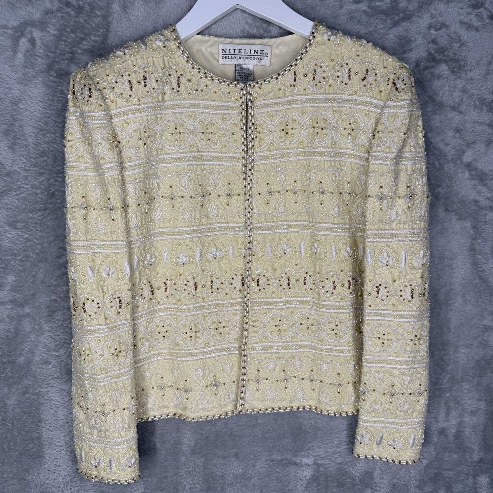 Niteline Della Roufogali Jacket Womens Small Ivory Silk Beaded Clasp Elegant Vtg